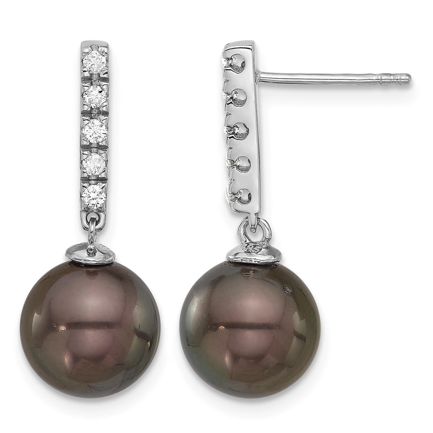 14k White Gold 9-10mm Black Round Tahitian Saltwater Cultured Pearl and .20c Carat Diamond Post Dangle Earrings