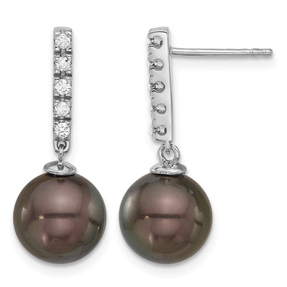 14k White Gold 9-10mm Black Round Tahitian Saltwater Cultured Pearl and .20c Carat Diamond Post Dangle Earrings
