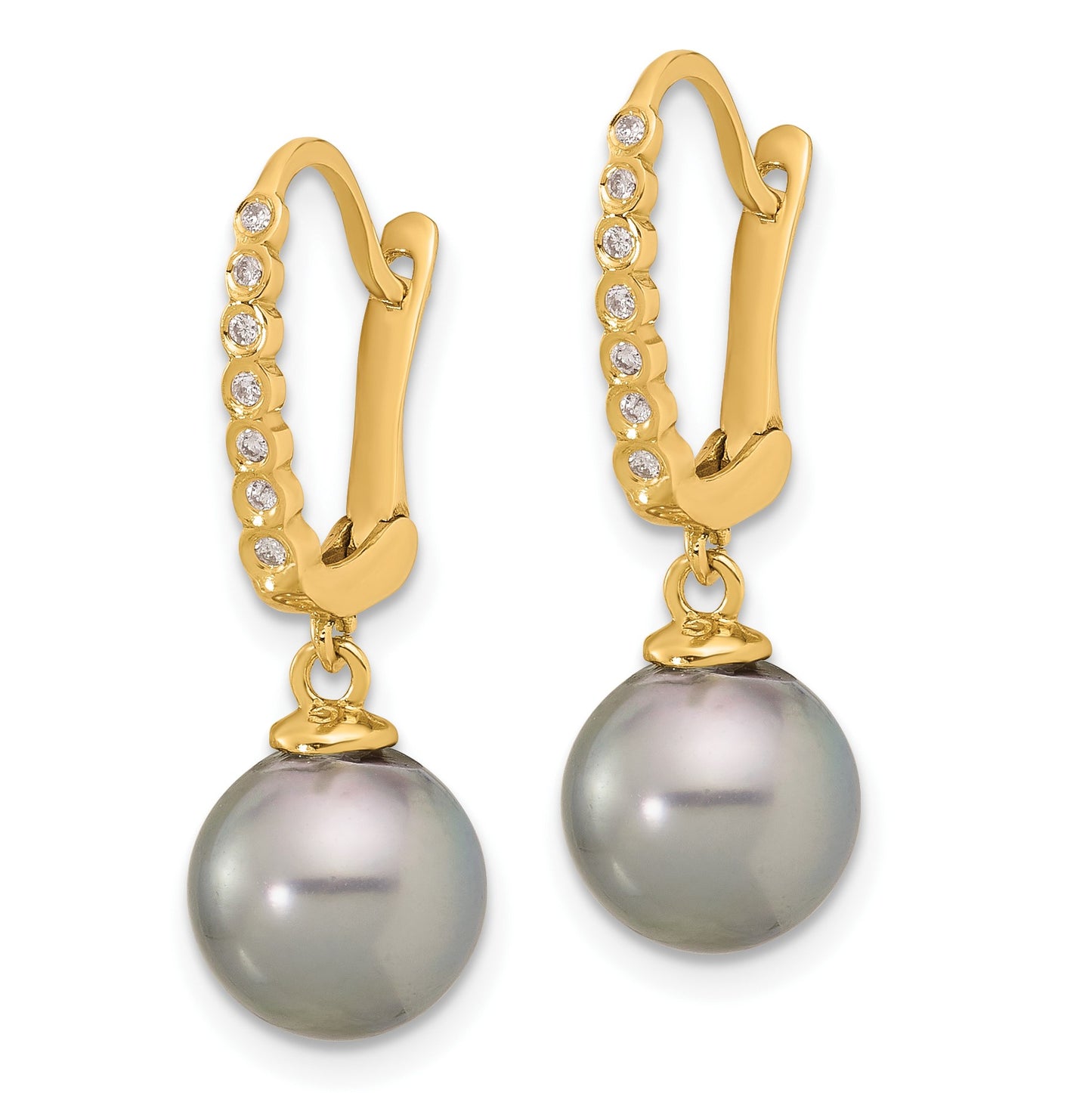 14k 8-9mm Black Round Tahitian Saltwater Cultured Pearl and .07 Carat Diamond Leverback Dangle Earrings