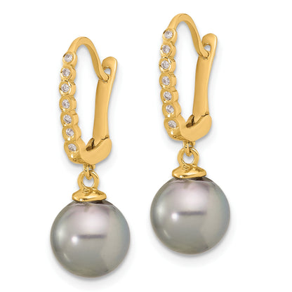 14k 8-9mm Black Round Tahitian Saltwater Cultured Pearl and .07 Carat Diamond Leverback Dangle Earrings