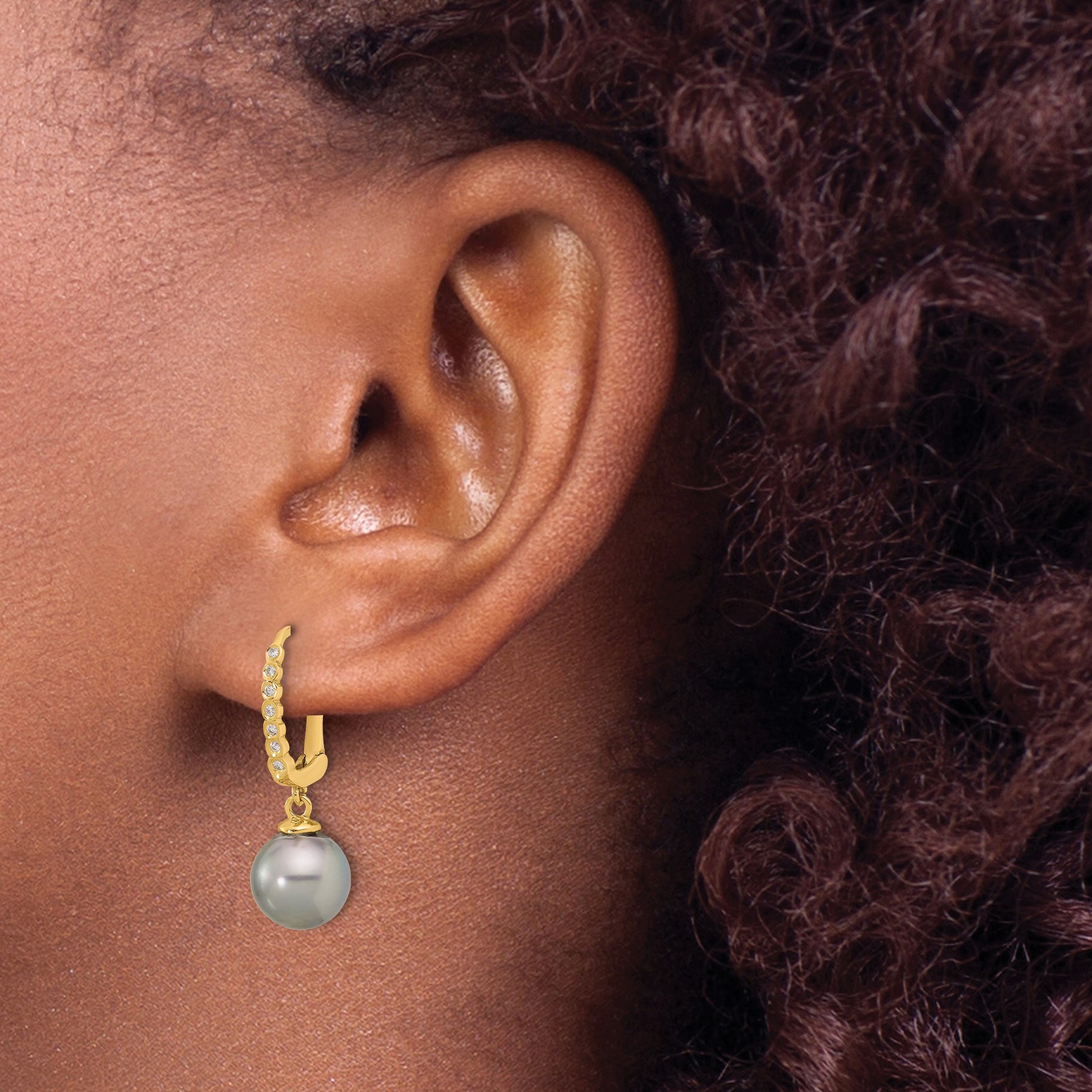 14k 8-9mm Black Round Tahitian Saltwater Cultured Pearl and .07 Carat Diamond Leverback Dangle Earrings