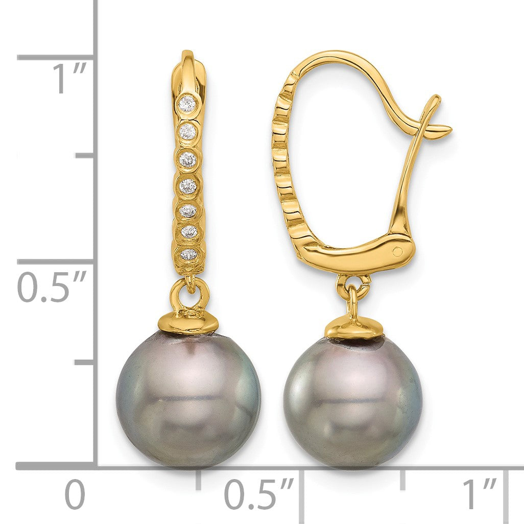 14k 8-9mm Black Round Tahitian Saltwater Cultured Pearl and .07 Carat Diamond Leverback Dangle Earrings