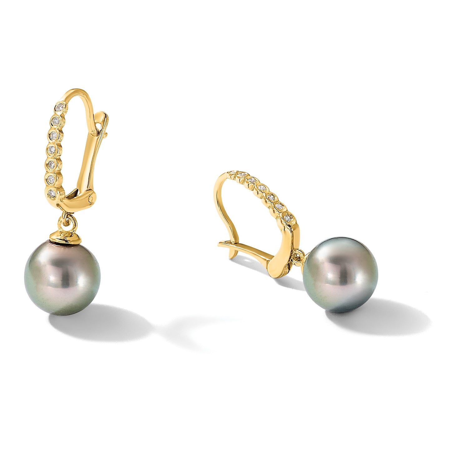 14k 8-9mm Black Round Tahitian Saltwater Cultured Pearl and .07 Carat Diamond Leverback Dangle Earrings
