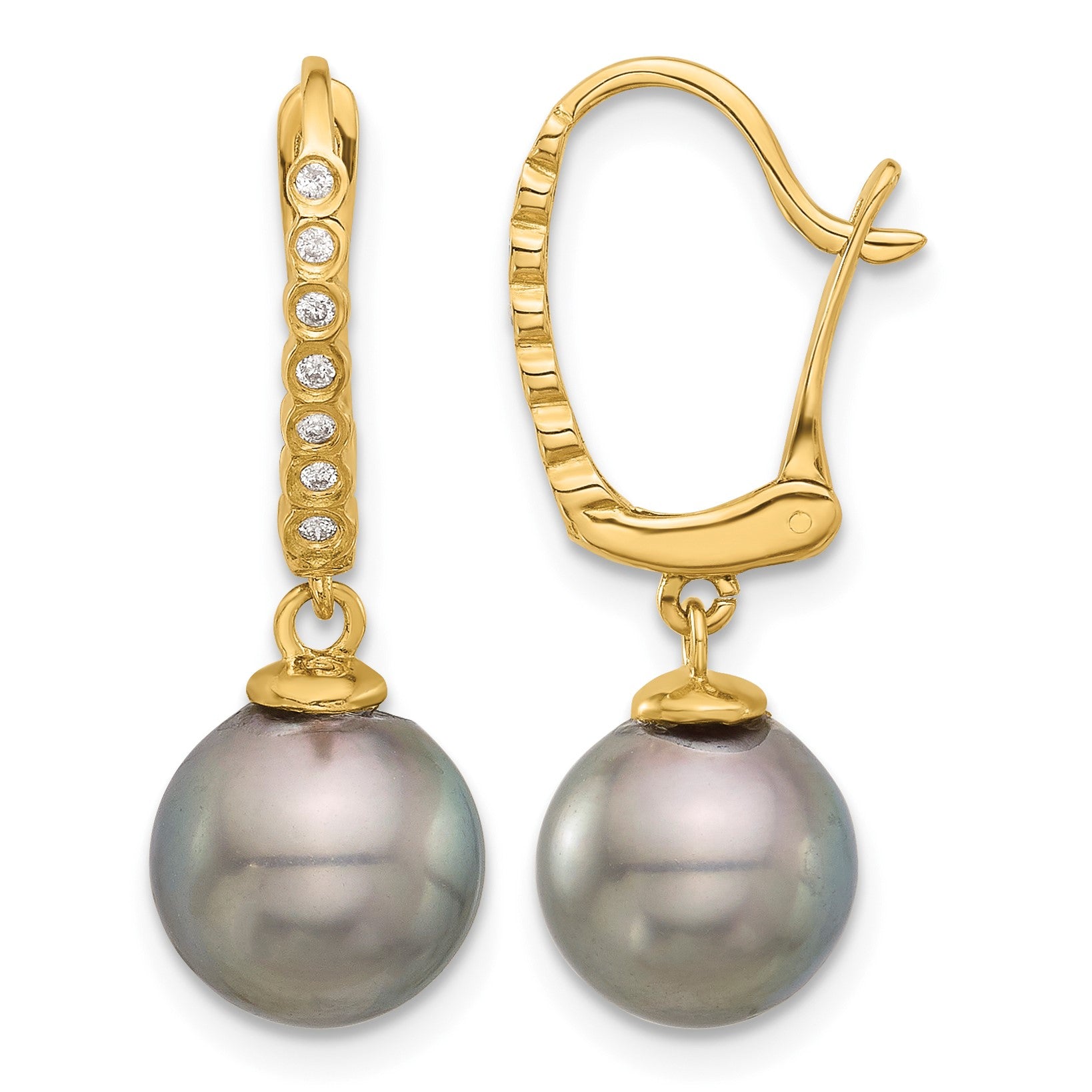 14k 8-9mm Black Round Tahitian Saltwater Cultured Pearl and .07 Carat Diamond Leverback Dangle Earrings