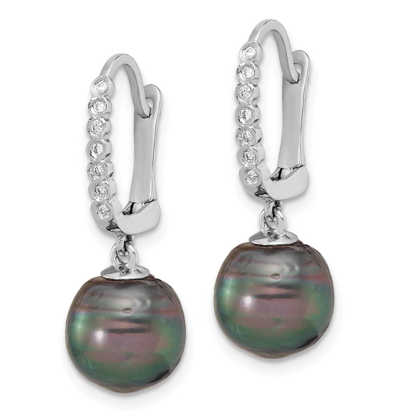 14k White Gold 9-10mm Black Round Tahitian Saltwater Cultured Pearl and .07 Carat Diamond Leverback Dangle Earrings