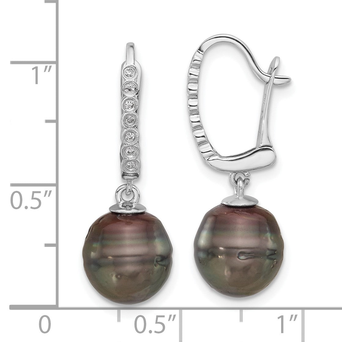 14k White Gold 9-10mm Black Round Tahitian Saltwater Cultured Pearl and .07 Carat Diamond Leverback Dangle Earrings