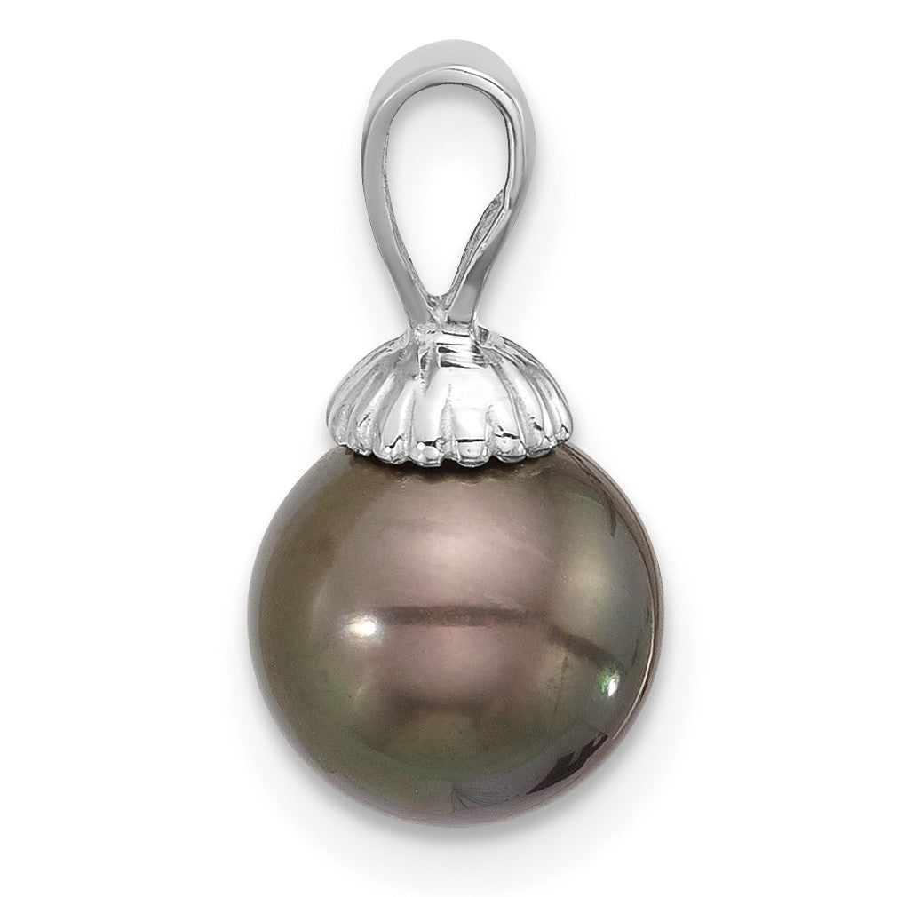 14K White Gold 8-9mm Round Black Tahitian Saltwater Cultured Pearl Pendant