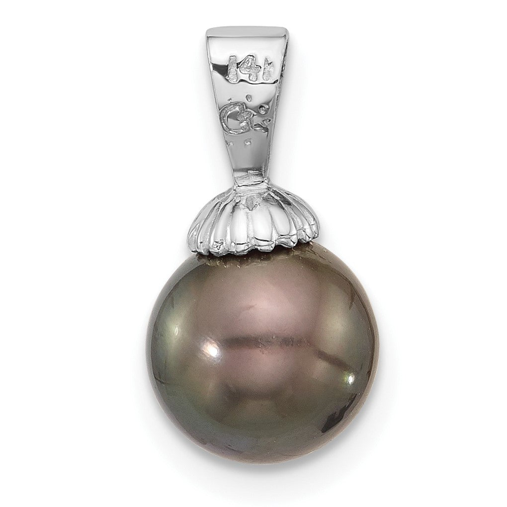 14K White Gold 8-9mm Round Black Tahitian Saltwater Cultured Pearl Pendant