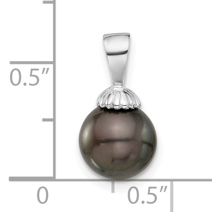 14K White Gold 8-9mm Round Black Tahitian Saltwater Cultured Pearl Pendant