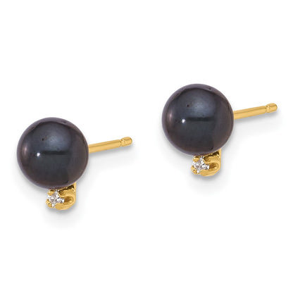 14k 5-6mm Black Round Akoya Saltwater Cultured Pearl and .02 Carat Diamond Post Earrings