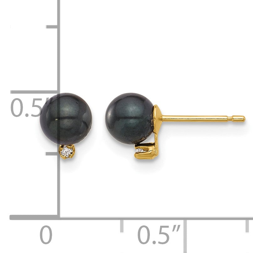 14k 5-6mm Black Round Akoya Saltwater Cultured Pearl and .02 Carat Diamond Post Earrings