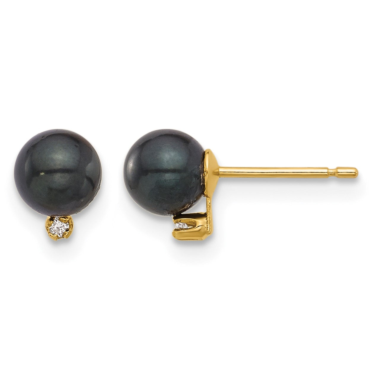 14k 5-6mm Black Round Akoya Saltwater Cultured Pearl and .02 Carat Diamond Post Earrings
