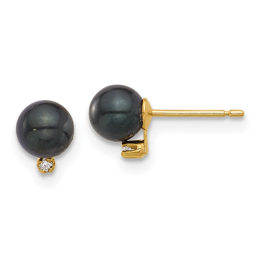 14k 5-6mm Black Round Akoya Saltwater Cultured Pearl and .02 Carat Diamond Post Earrings