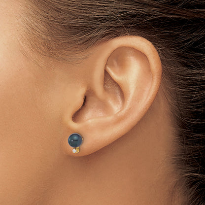 14k 6-7mm Black Round Akoya Saltwater Cultured Pearl and .06 Carat Diamond Post Earrings