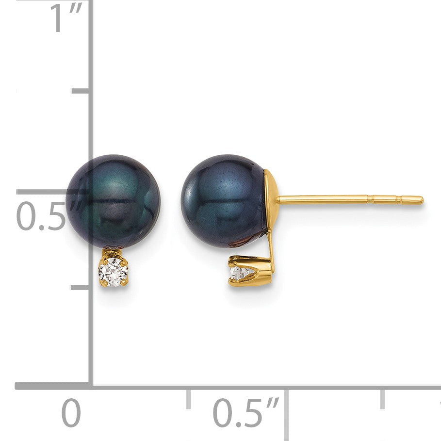 14k 6-7mm Black Round Akoya Saltwater Cultured Pearl and .06 Carat Diamond Post Earrings