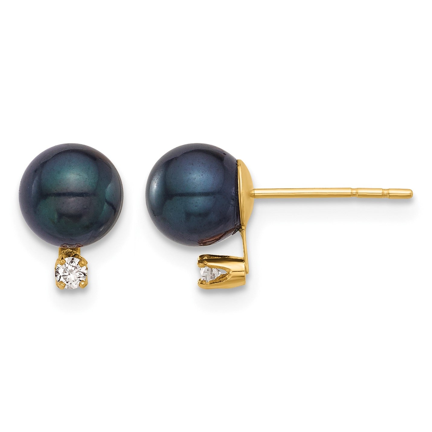 14k 6-7mm Black Round Akoya Saltwater Cultured Pearl and .06 Carat Diamond Post Earrings