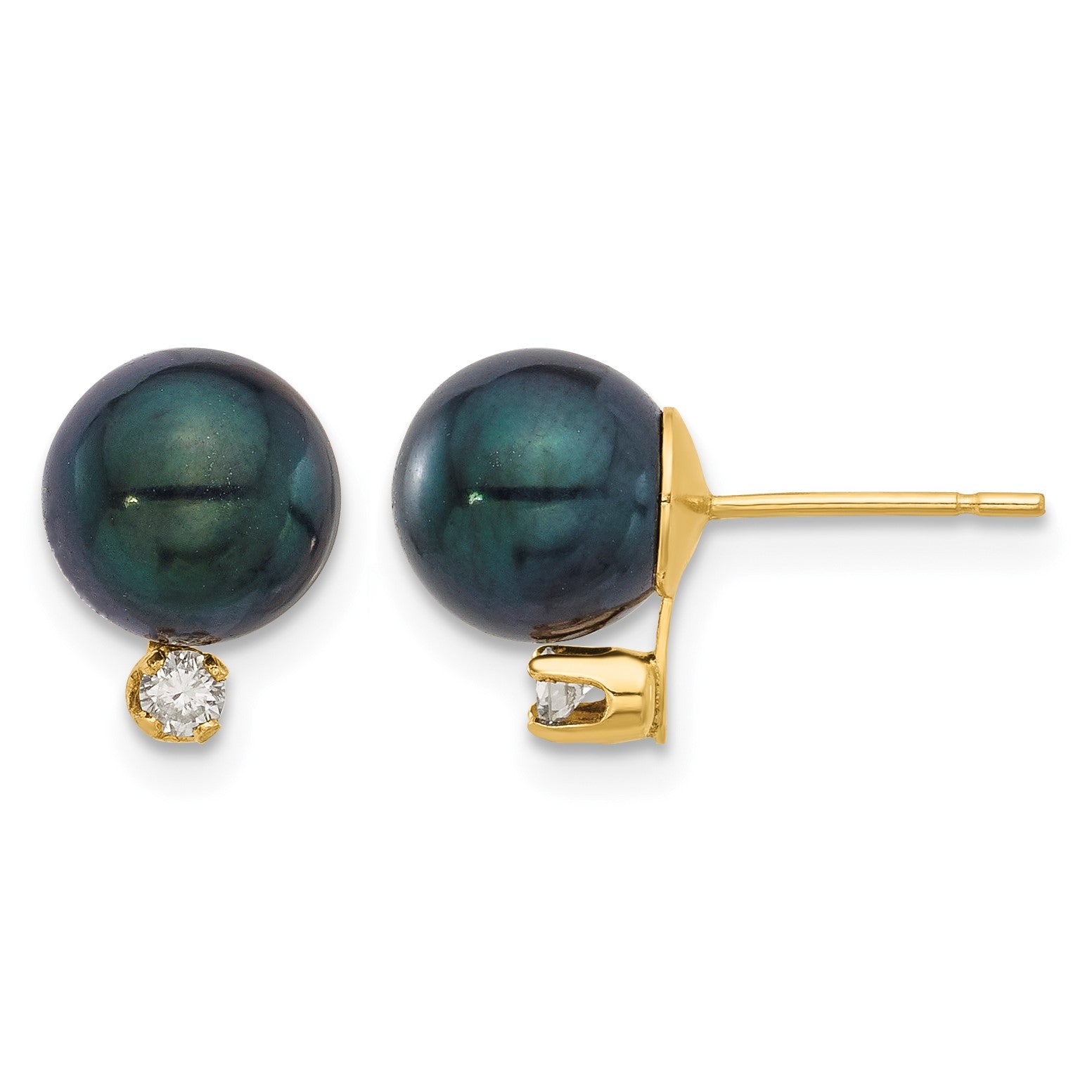 14k 7-8mm Black Round Akoya Saltwater Cultured Pearl and .10 Carat Diamond Post Earrings