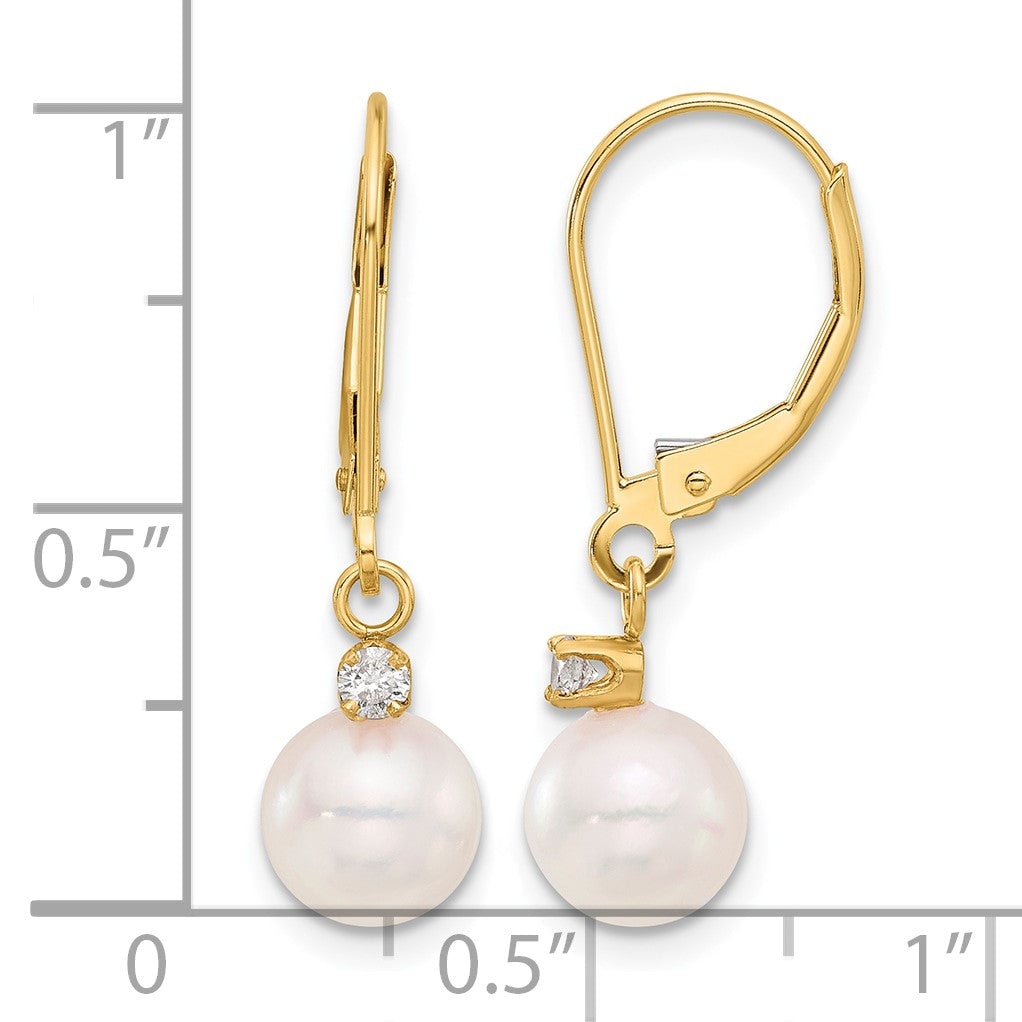14k 7-8mm White Round Akoya Saltwater Cultured Pearl and .10 Carat Diamond Dangle Leverback Earrings
