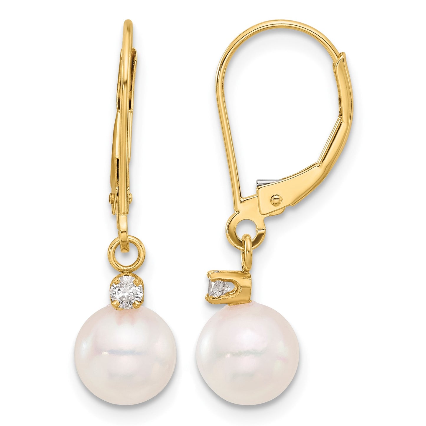 14k 7-8mm White Round Akoya Saltwater Cultured Pearl and .10 Carat Diamond Dangle Leverback Earrings