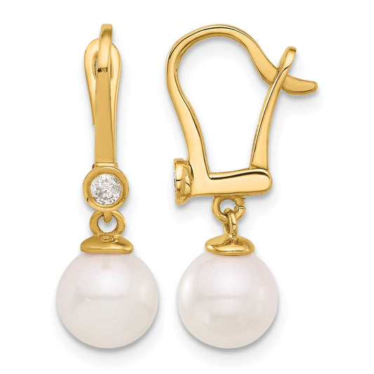 14k 7-8mm White Round Akoya Saltwater Cultured Pearl and .10 Carat Diamond Dangle Earrings