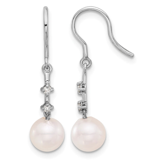 14k White Gold 7-8mm White Round Akoya Saltwater Cultured Pearl and .04 Carat Diamond Shepherd Hook Dangle Earrings