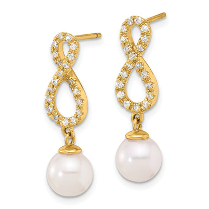 14k 7-8mm White Round Akoya Saltwater Cultured Pearl and .40 Carat Diamond Infinity Post Dangle Earrings