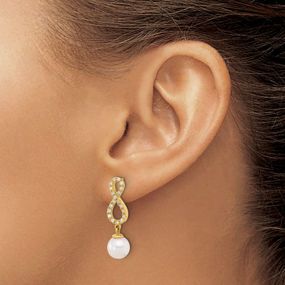 14k 7-8mm White Round Akoya Saltwater Cultured Pearl and .40 Carat Diamond Infinity Post Dangle Earrings