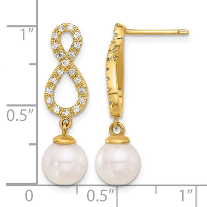 14k 7-8mm White Round Akoya Saltwater Cultured Pearl and .40 Carat Diamond Infinity Post Dangle Earrings