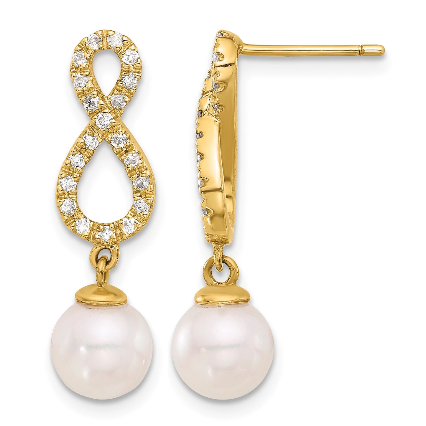 14k 7-8mm White Round Akoya Saltwater Cultured Pearl and .40 Carat Diamond Infinity Post Dangle Earrings
