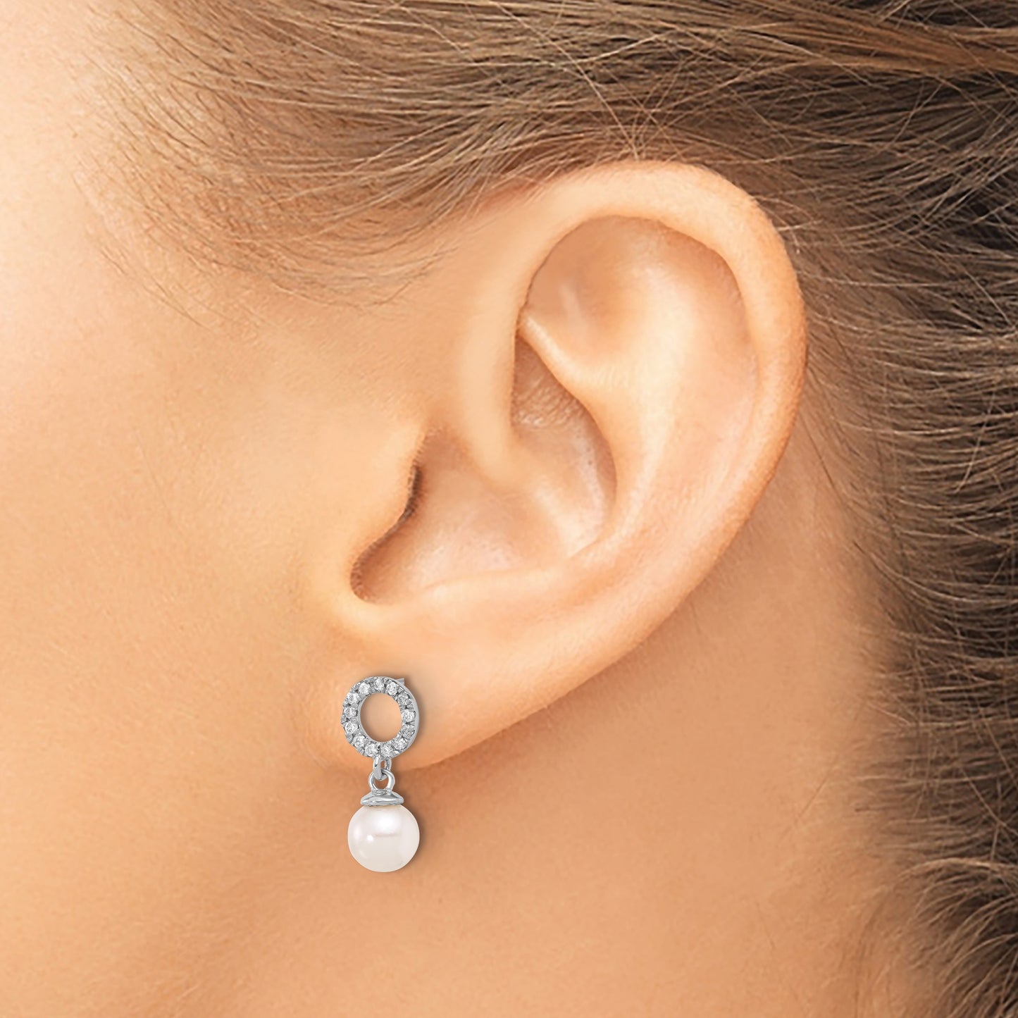 14k White Gold 6-7mm White Round Akoya Saltwater Cultured Pearl and .20 Carat Diamond Post Dangle Earrings