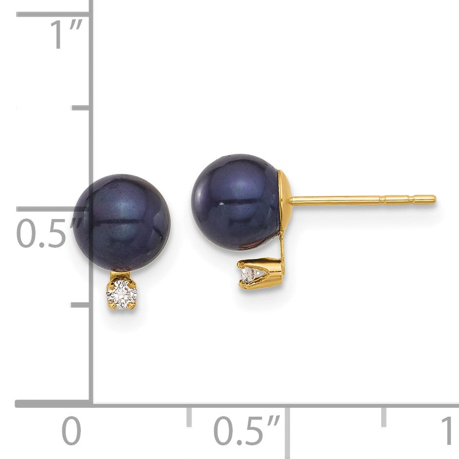 14k 6-7mm Black Round Freshwater Cultured Pearl and .06 Carat Diamond Post Earrings