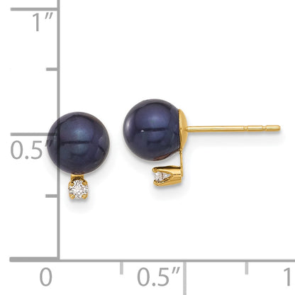 14k 6-7mm Black Round Freshwater Cultured Pearl and .06 Carat Diamond Post Earrings