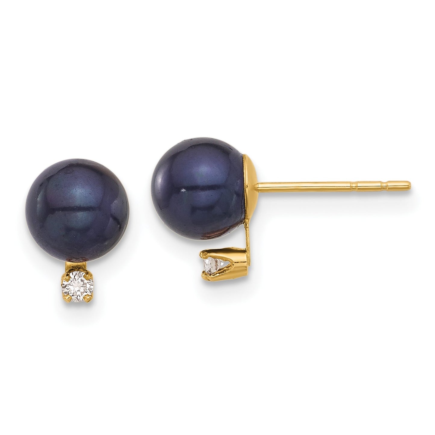 14k 6-7mm Black Round Freshwater Cultured Pearl and .06 Carat Diamond Post Earrings