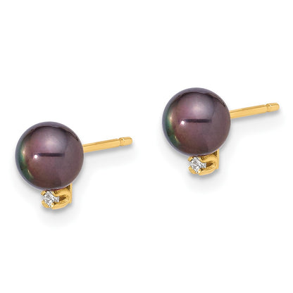 14k 5-6mm Black Round Freshwater Cultured Pearl and .02 Carat Diamond Post Earrings