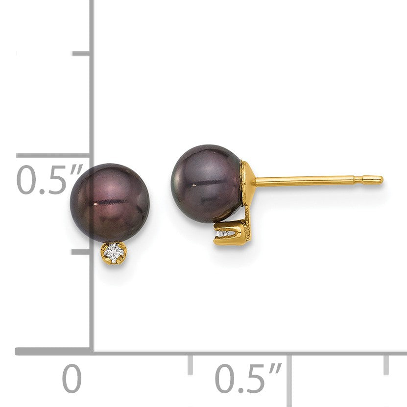 14k 5-6mm Black Round Freshwater Cultured Pearl and .02 Carat Diamond Post Earrings