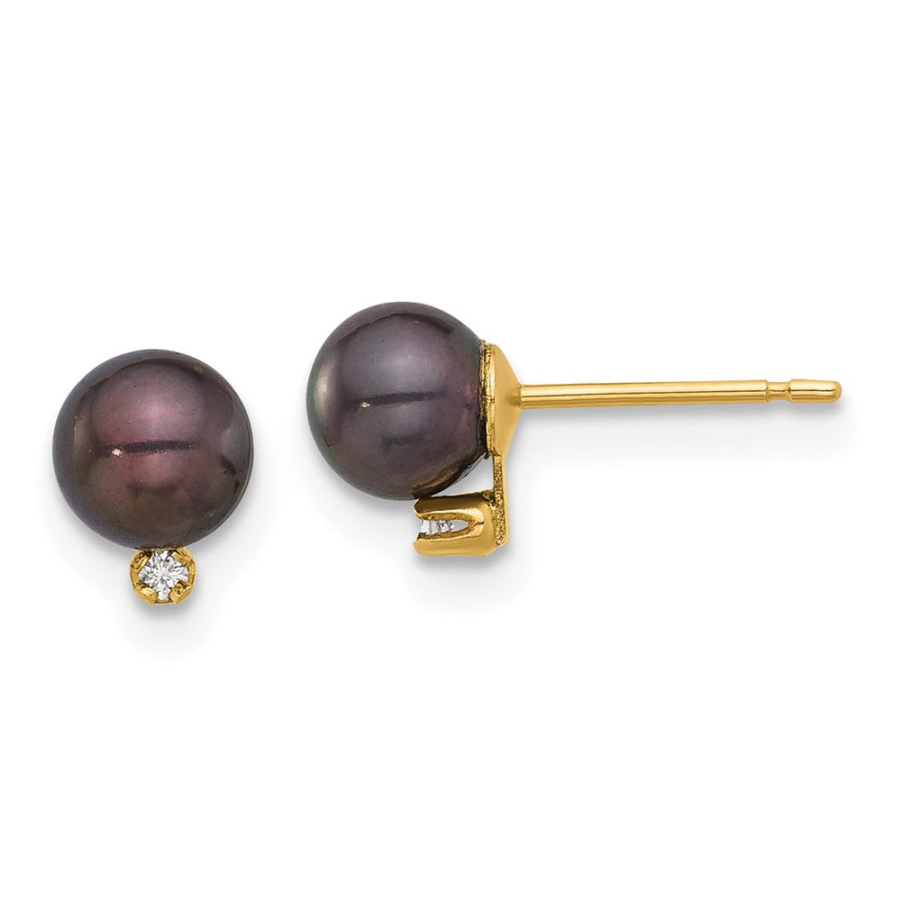 14k 5-6mm Black Round Freshwater Cultured Pearl and .02 Carat Diamond Post Earrings