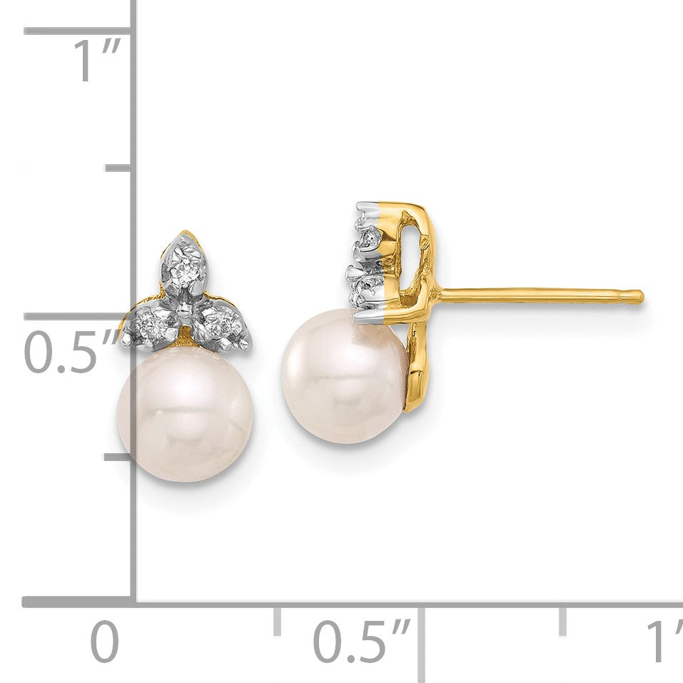 14k 5-6mm White Round Freshwater Cultured Pearl and .06 Carat Diamond Post Earrings