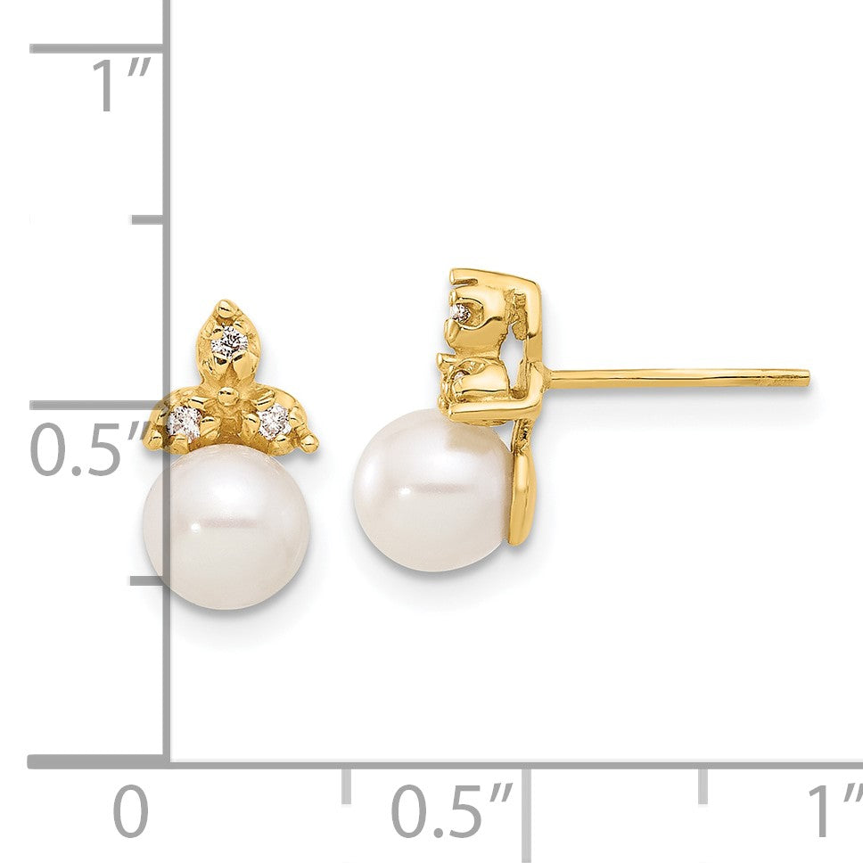 14k 5-6mm White Button Freshwater Cultured Pearl and .06 Carat Diamond Post Earrings