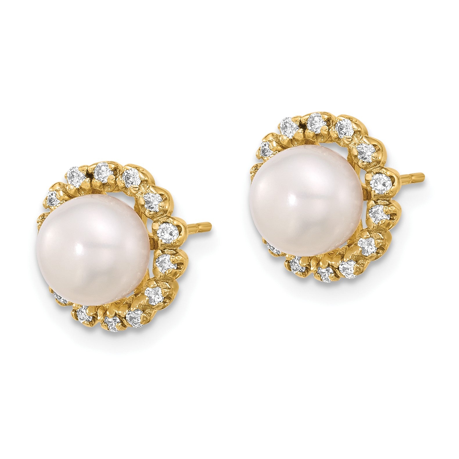 14k 7-8mm White Button Freshwater Cultured Pearl and .28 Carat Diamond Halo Post Earrings