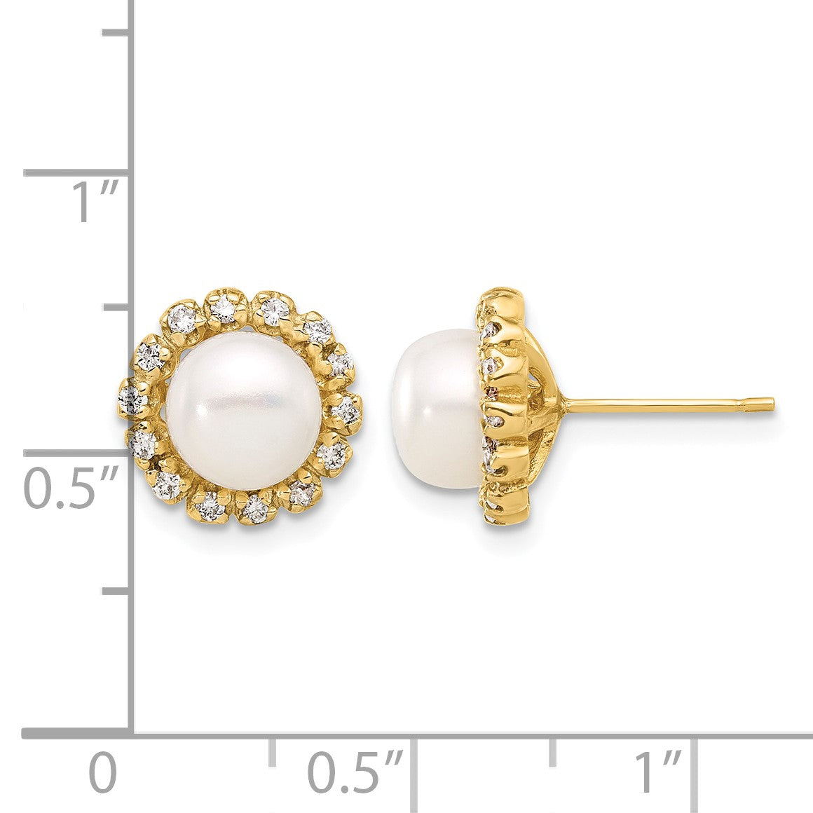 14k 7-8mm White Button Freshwater Cultured Pearl and .28 Carat Diamond Halo Post Earrings