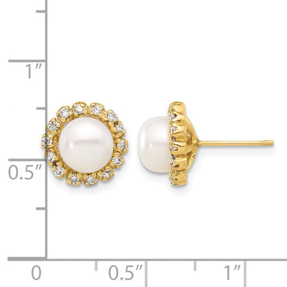 14k 7-8mm White Button Freshwater Cultured Pearl and .28 Carat Diamond Halo Post Earrings