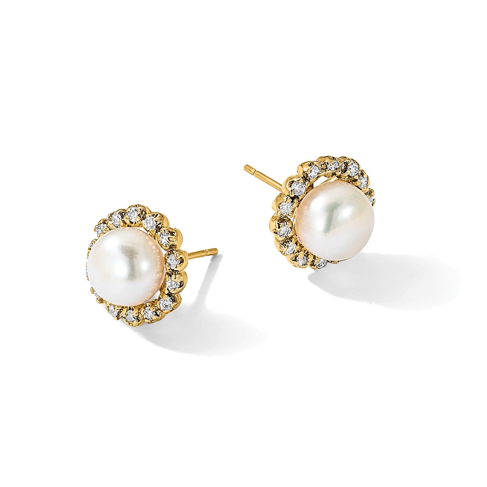14k 7-8mm White Button Freshwater Cultured Pearl and .28 Carat Diamond Halo Post Earrings
