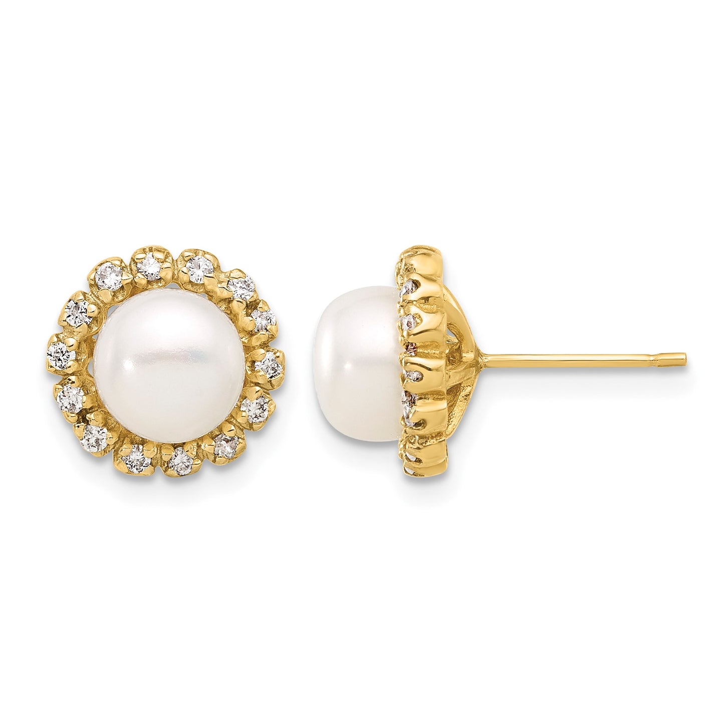 14k 7-8mm White Button Freshwater Cultured Pearl and .28 Carat Diamond Halo Post Earrings
