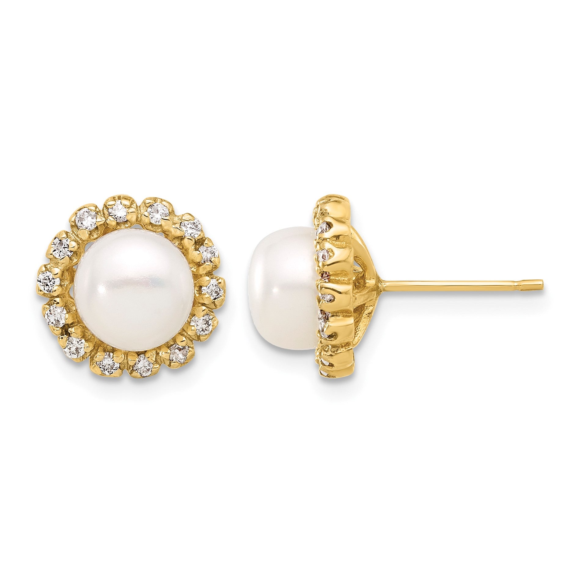 14k 7-8mm White Button Freshwater Cultured Pearl and .28 Carat Diamond Halo Post Earrings