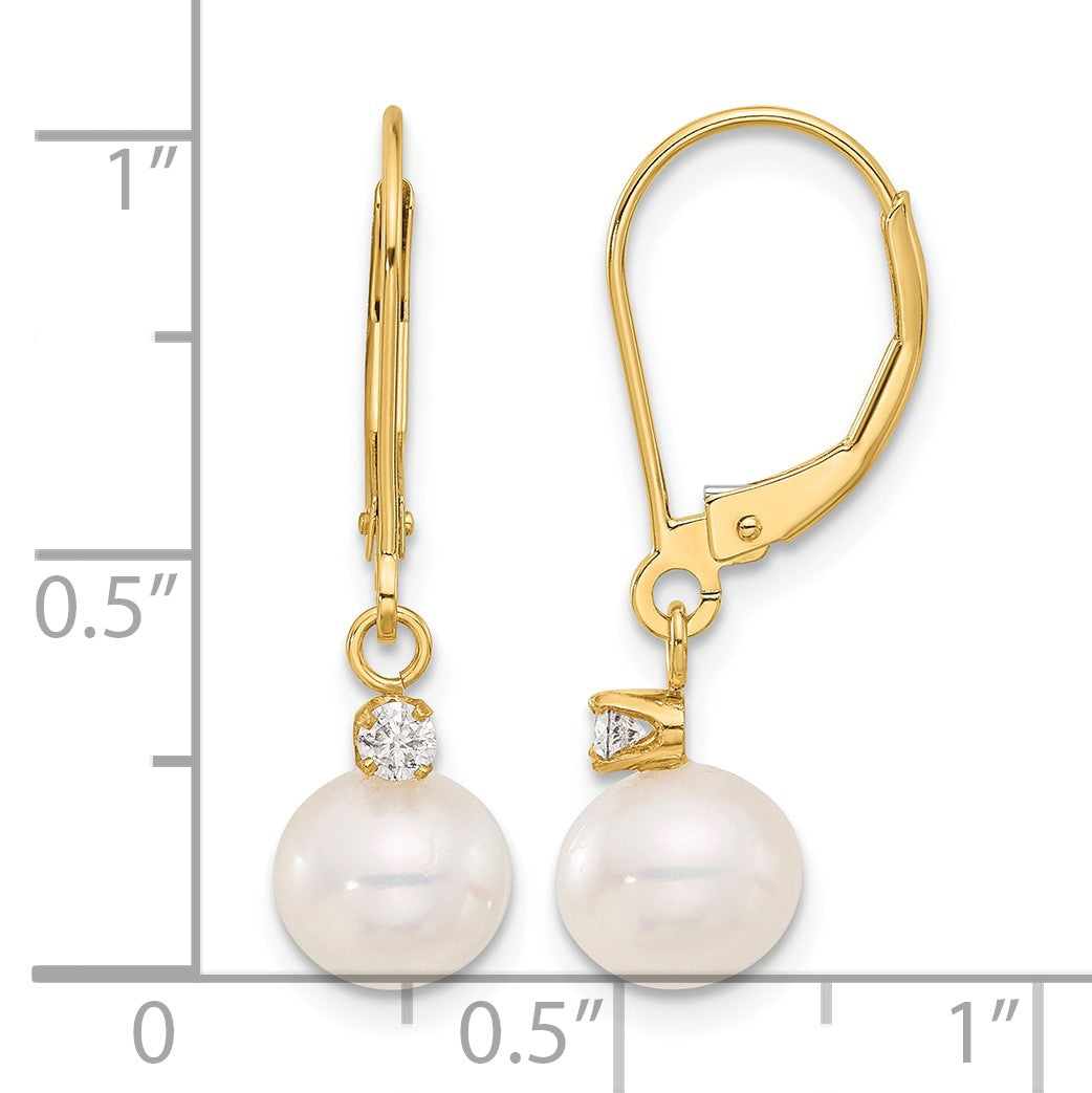 14k 7-8mm White Round Freshwater Cultured Pearl and .10 Carat Diamond Dangle Leverback Earrings