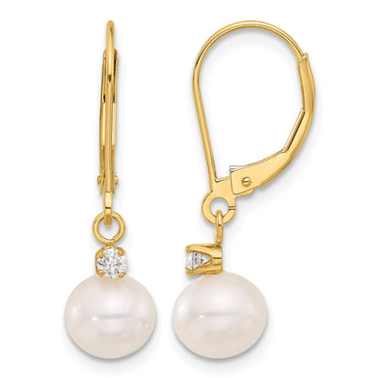 14k 7-8mm White Round Freshwater Cultured Pearl and .10 Carat Diamond Dangle Leverback Earrings
