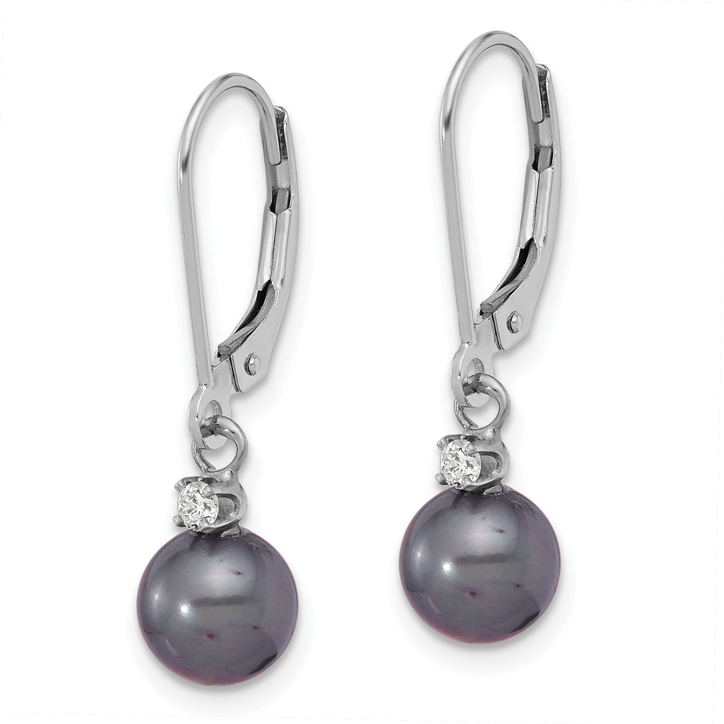 14k White Gold 7-8mm Black Round Freshwater Cultured Pearl and .10 Carat Diamond Dangle Leverback Earrings
