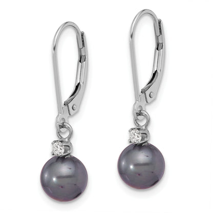 14k White Gold 7-8mm Black Round Freshwater Cultured Pearl and .10 Carat Diamond Dangle Leverback Earrings