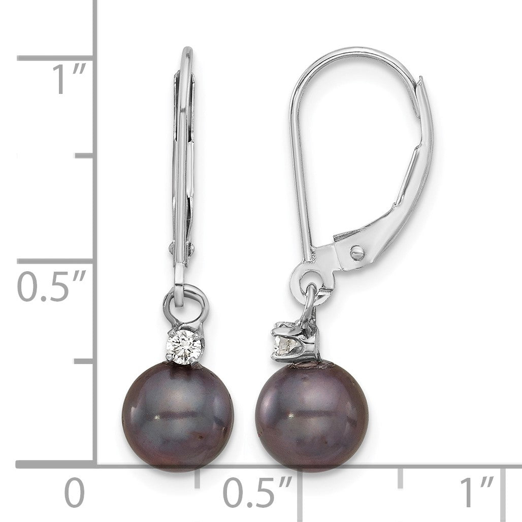 14k White Gold 7-8mm Black Round Freshwater Cultured Pearl and .10 Carat Diamond Dangle Leverback Earrings