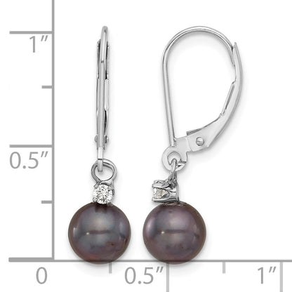 14k White Gold 7-8mm Black Round Freshwater Cultured Pearl and .10 Carat Diamond Dangle Leverback Earrings